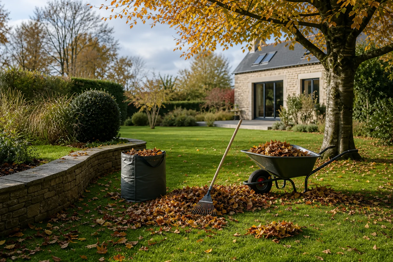 Ramassage des feuilles dans un jardin en automne